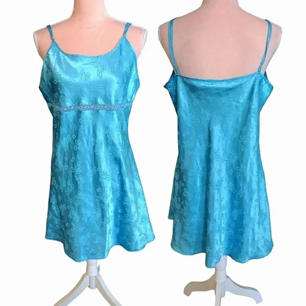 VTG 80s Teal Satin Floral Embroidered Detail Mini Slip Dress Chemise‎ XL Festie - Picture 10 of 14